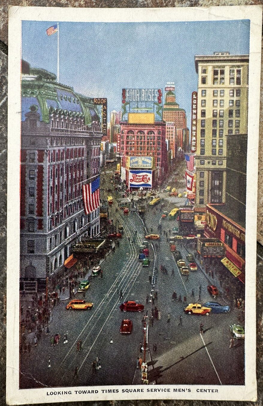 New York City NY Postcard, Looking toward Time Square, 1944, linen, white border