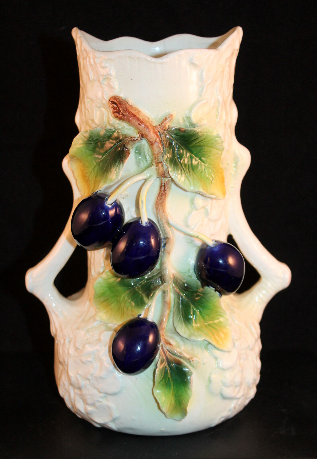 Old Continental Majolica Amphora Gloss Bisque Art Vase Olive Vine Relief 9 1/4\