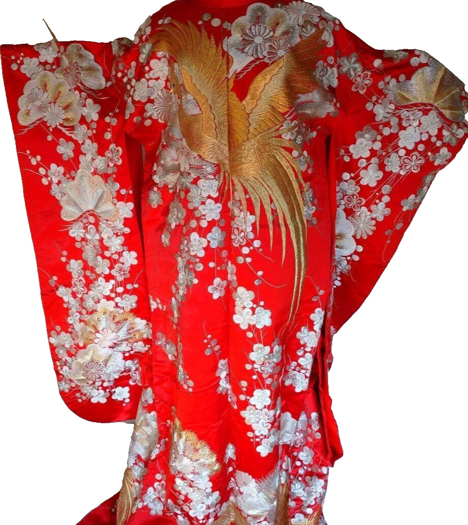 Japanese Kimono Uchikake Vintage Gorgeous Red Gold Phoenix embroidery (u38)