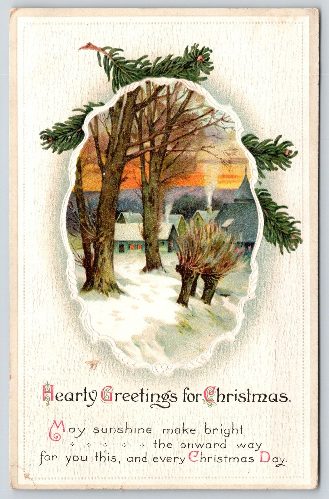 Christmas~Sunset Behind Village~Smoking Chimneys~Pine~Clapsaddle Postcard