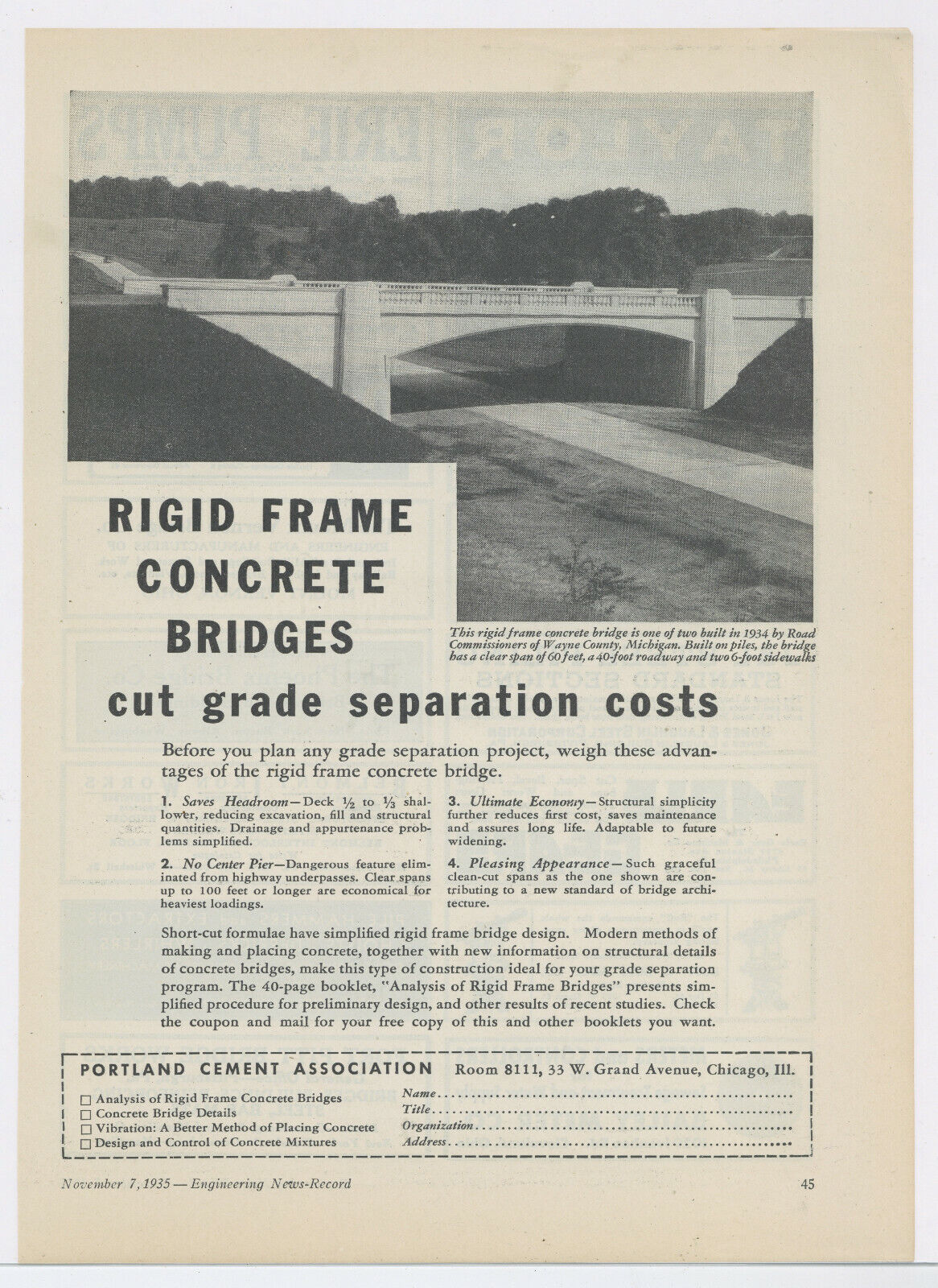 1935 Portland Cement Advertisement: Wayne County, Michigan Concrete Bridge Pic