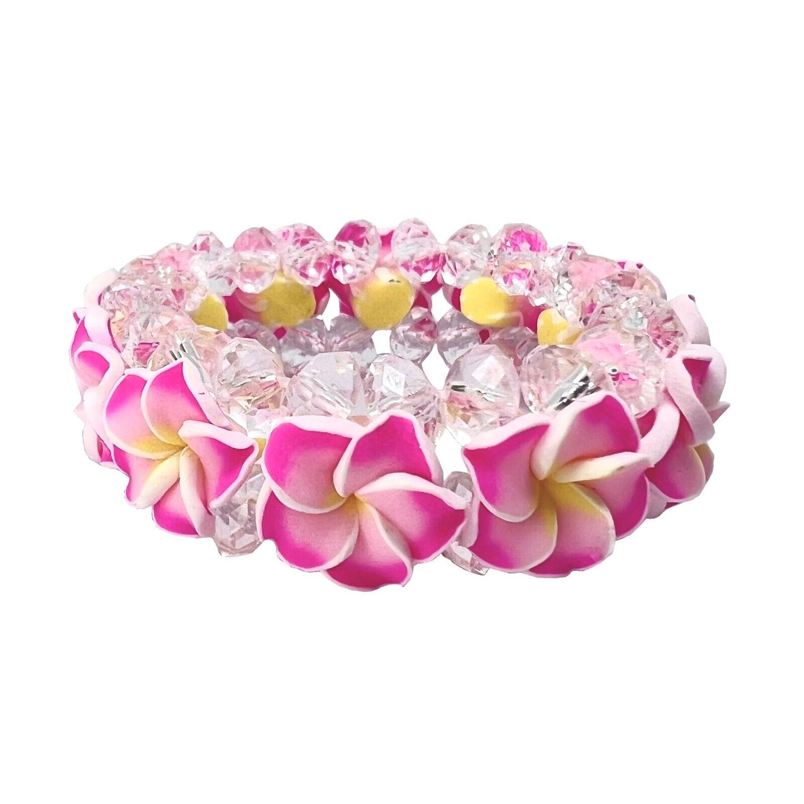 Hawaii Pink and White Fimo Plumeria Flower With Clear Beads Elastic Bracelet
