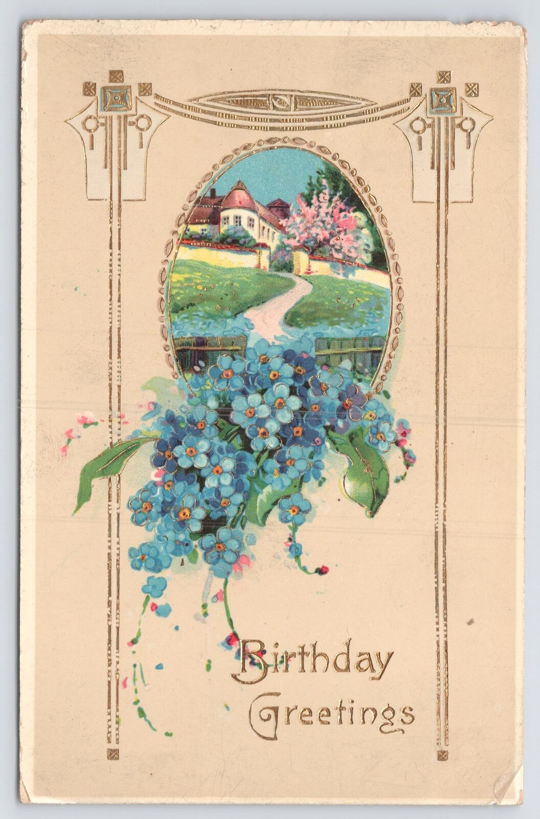 Greetings~Forget Me Nots & Home On Hill Birthday Greeting~Vintage Postcard