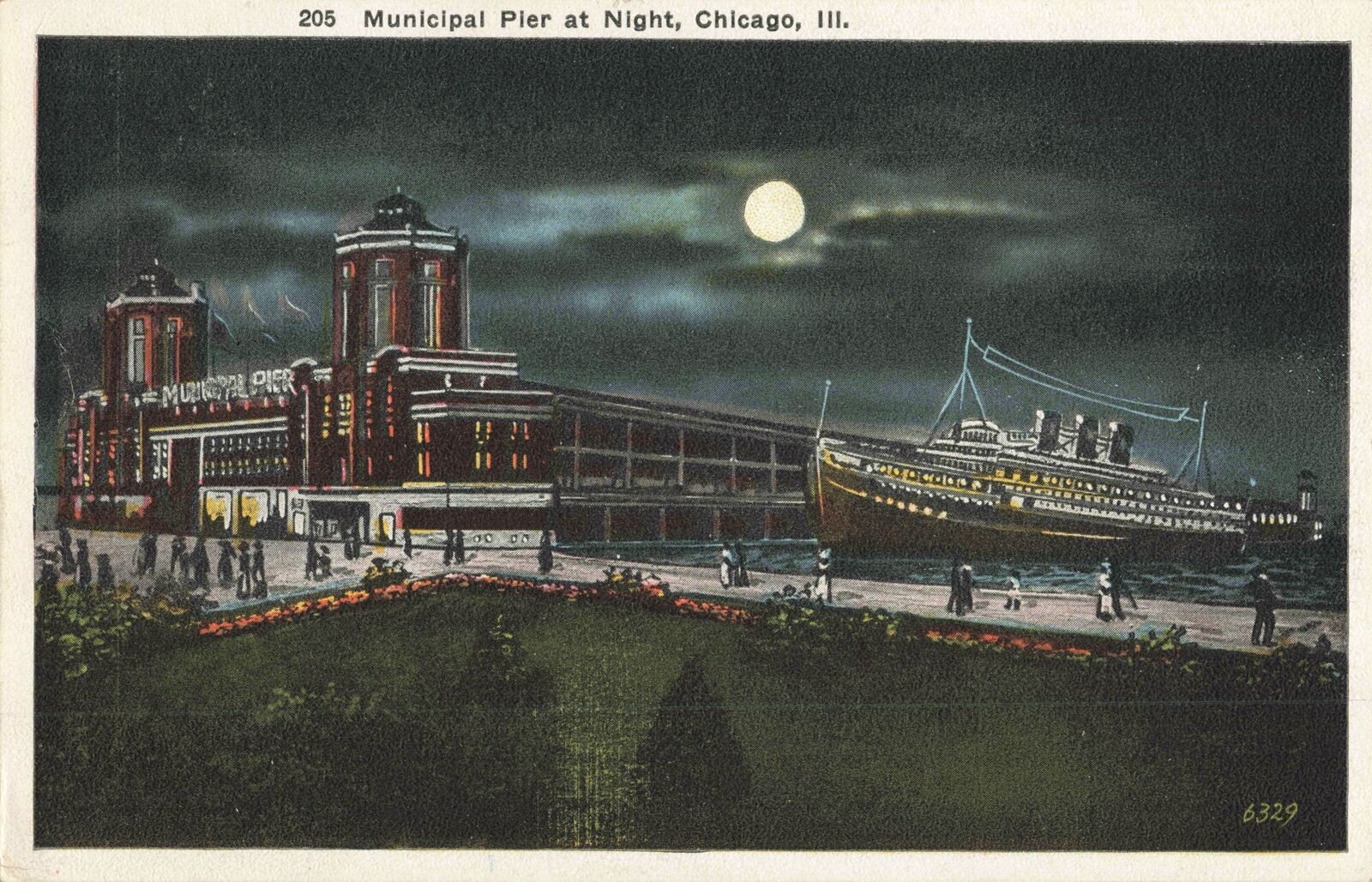SHIP Chicago Pier IL Great MOONLIT View Steamer Excursion Ferry Docks @ the Pier