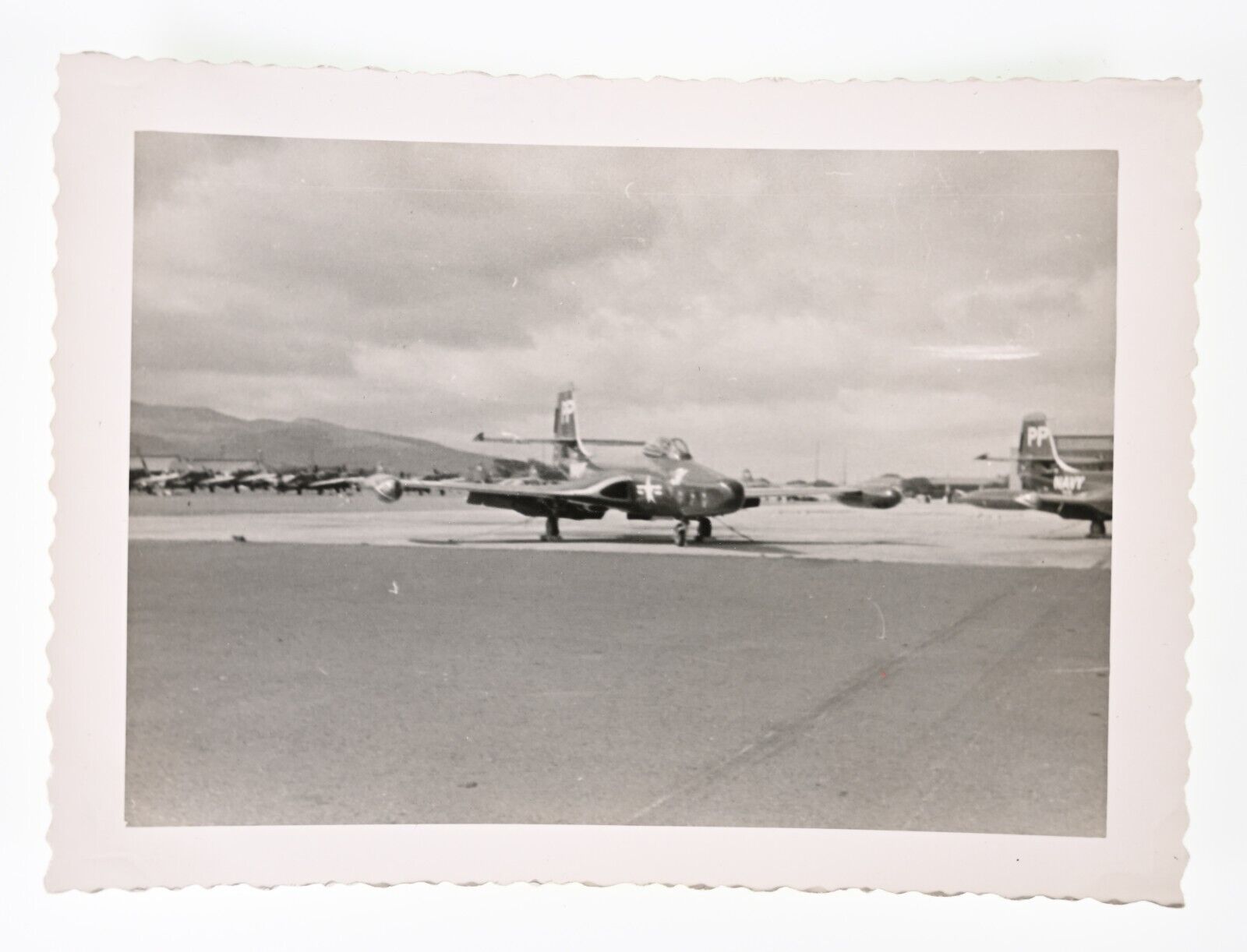 VINTAGE B&W SNAPSHOT CIRCA 1950s MCDONNELL F2H BANSHEE EARLY FIGHTER JET ON BASE