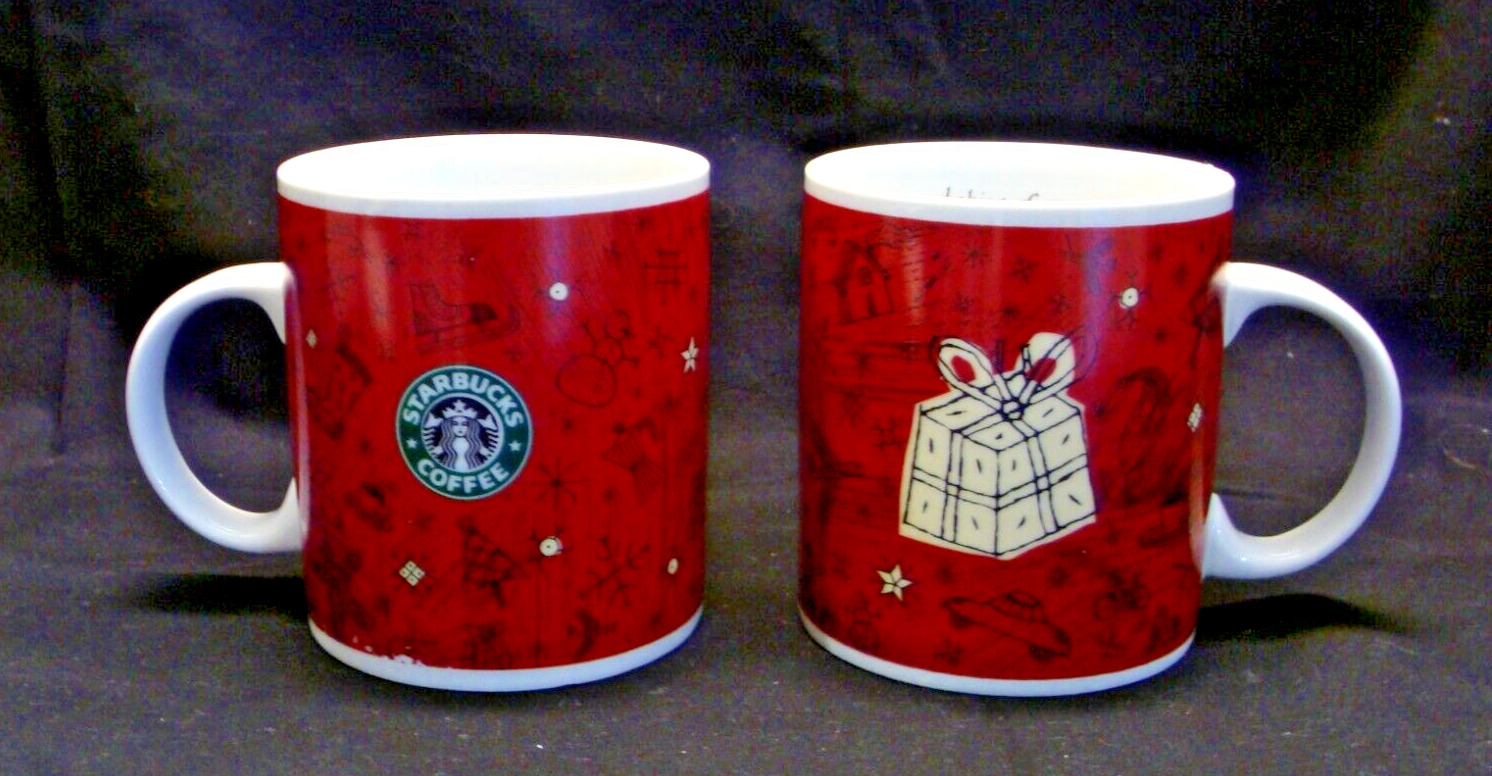 Two VTG 2000 Starbucks Christmas Oversized Coffee Mug Sneaky Shaking of Presents