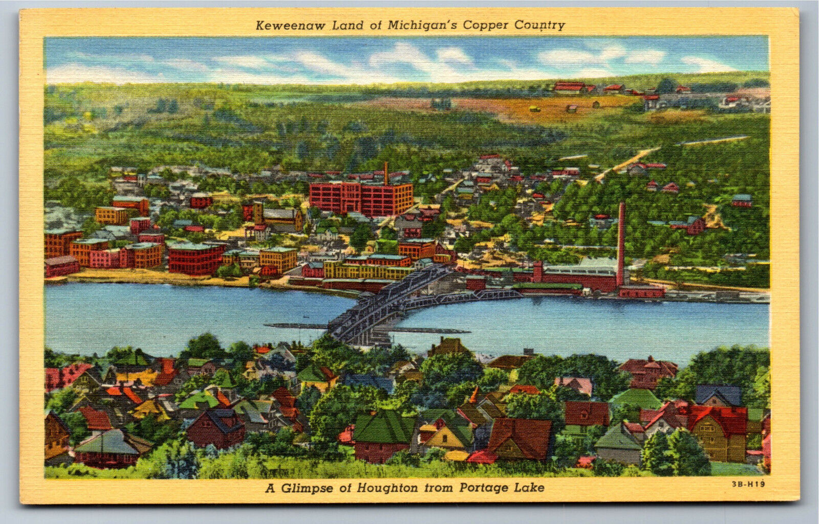 Postcard MI Aerial Bird\'s-Eye View of Houghton Michigan U11