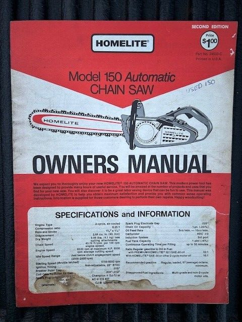 Vintage Original Homelite Model 150 Automatic Chainsaw Owners Manual