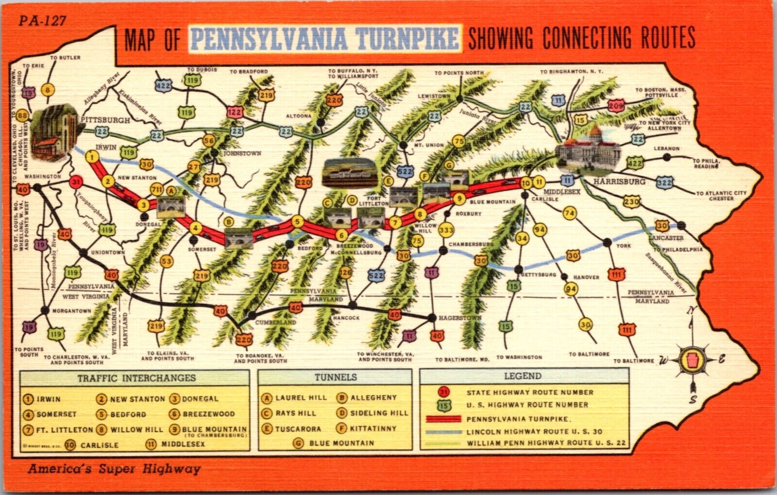 Linen PC Map of Pennsylvania Turnpike Showing Connecting Routes Super Highway