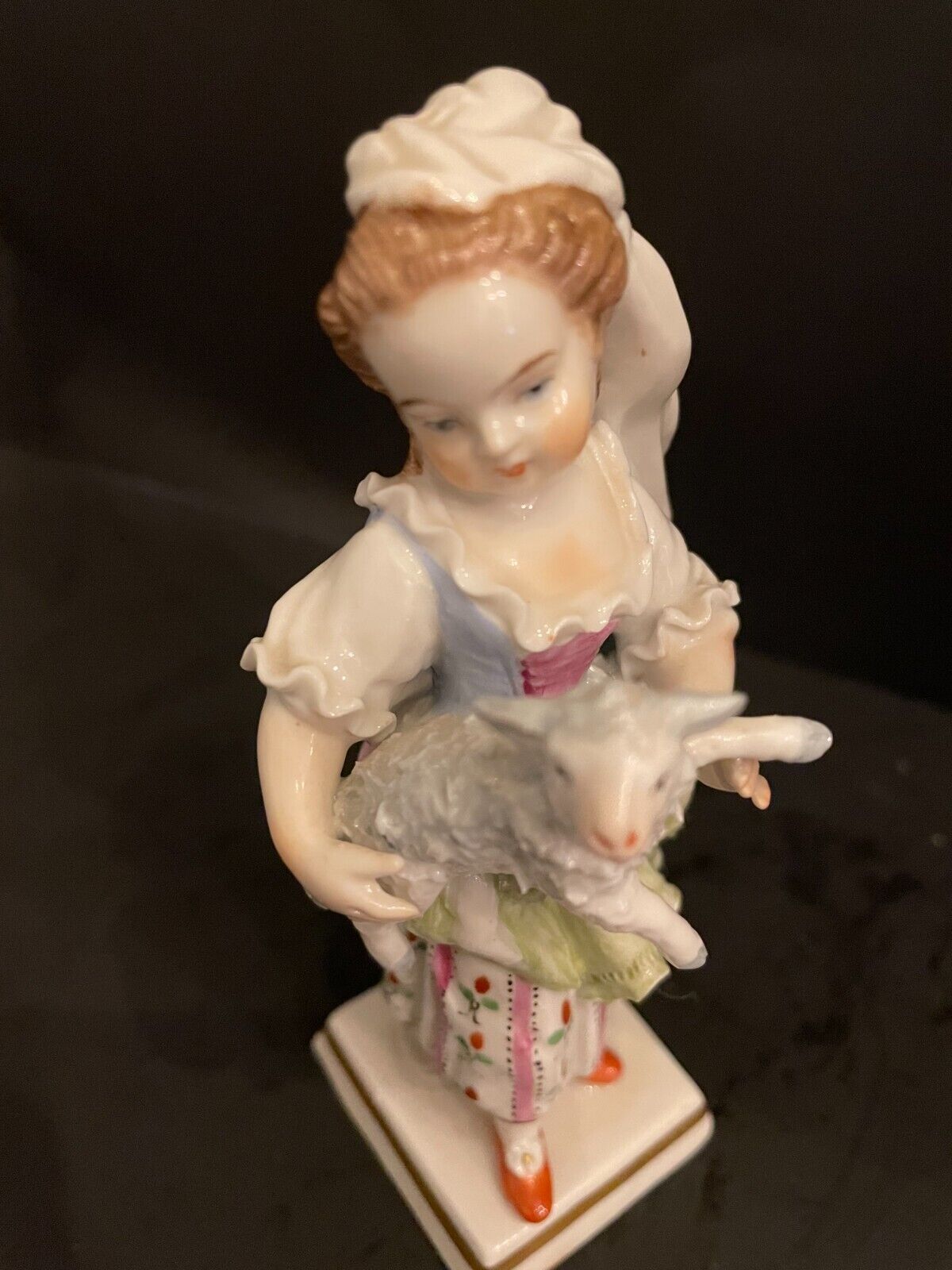 Antique Sitzendorf Porcelain Figurine Girl with Lamb