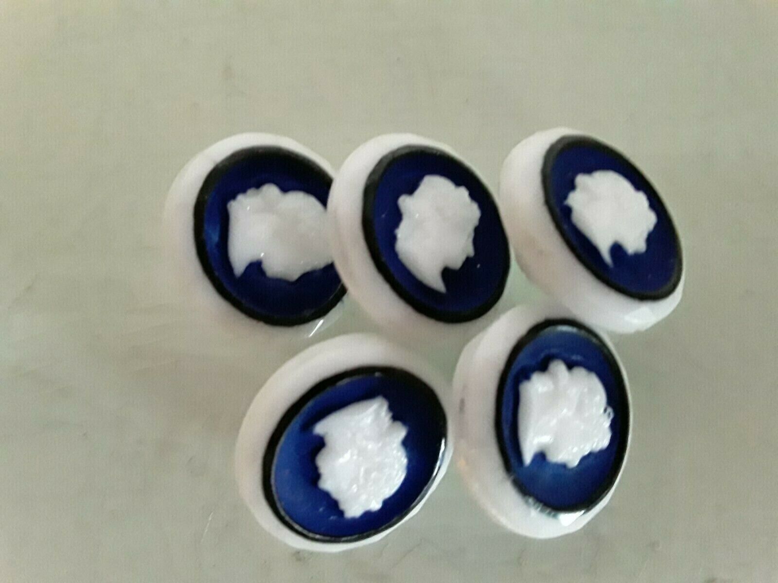 5 Vtg Very Small Blue & White Milk Glass Cameo Buttons 1/2\