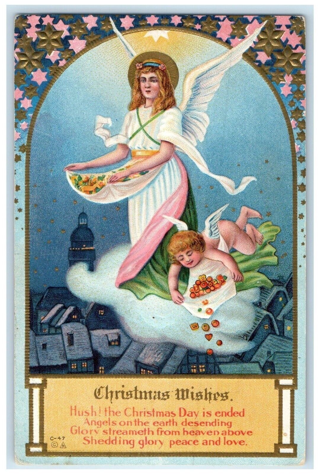 c1910\'s Christmas Wishes Floating Angels House Winter Scene Antique Postcard