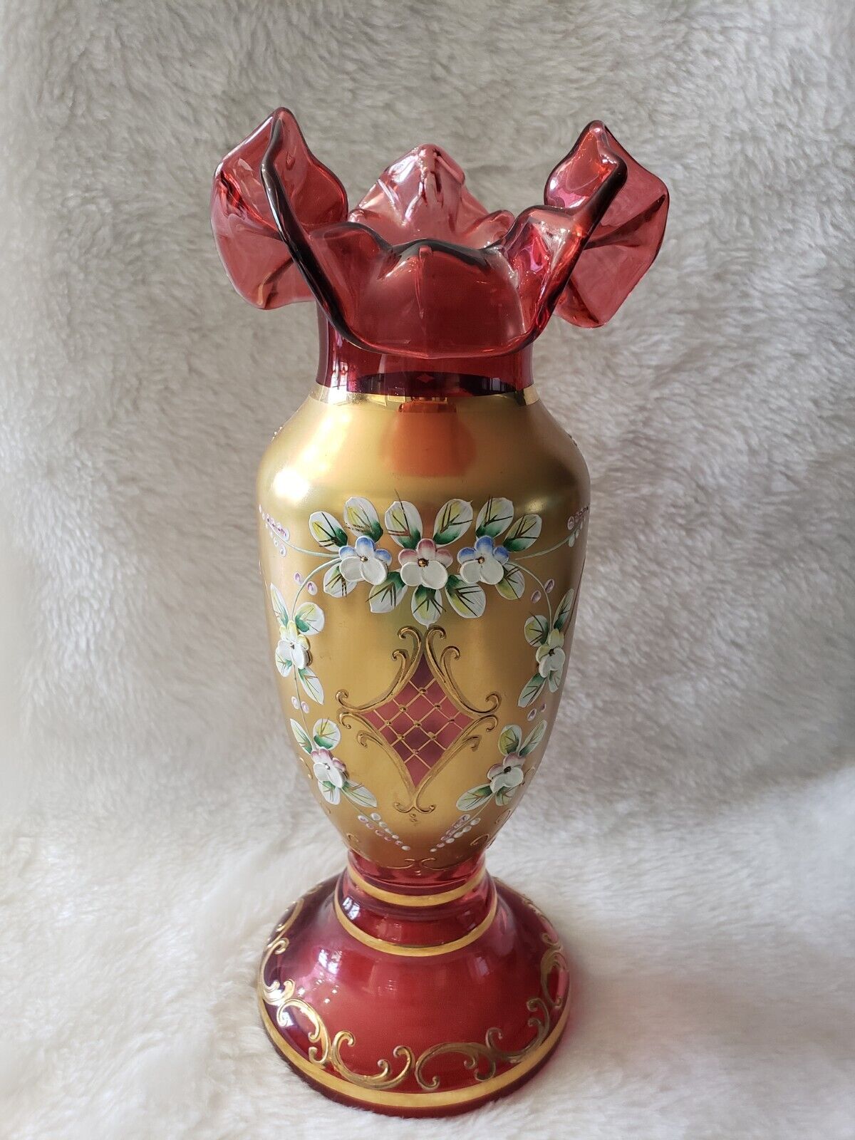 Vintage  Bohemian CRANBERRY GLASS 24k Gold Ruffle Vase w Enamel Flowers  LARGE 