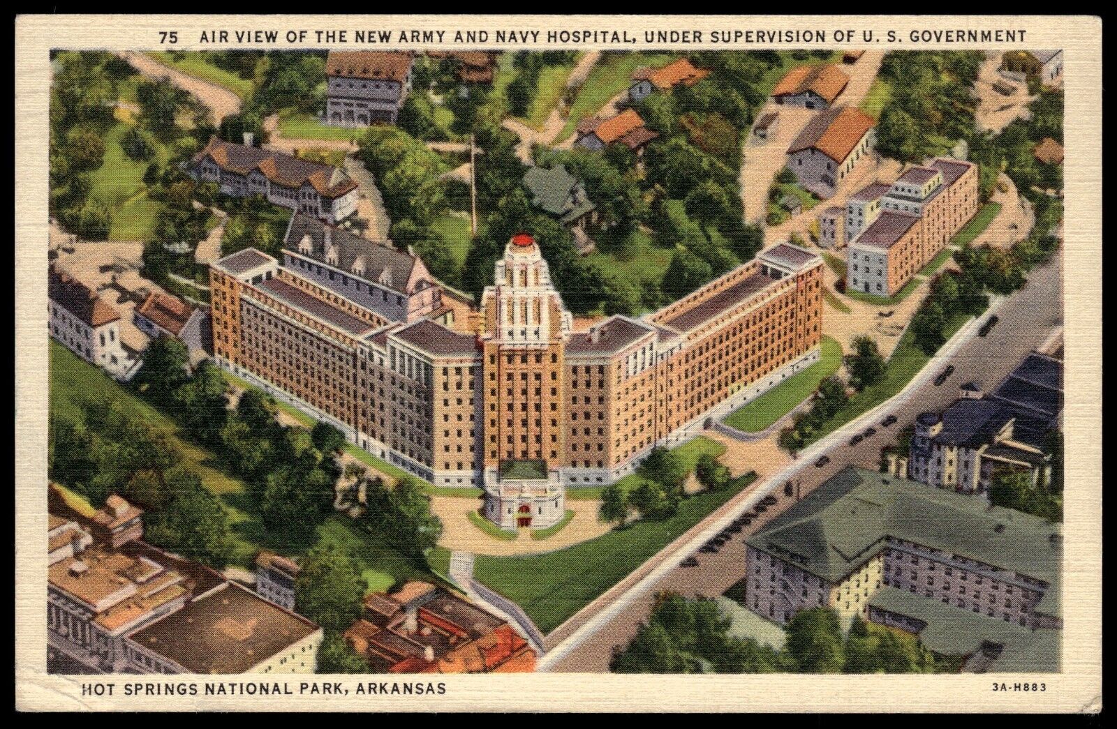 Postcard Linen Air View of Army & Navy Hospital Hot Springs National Park AK