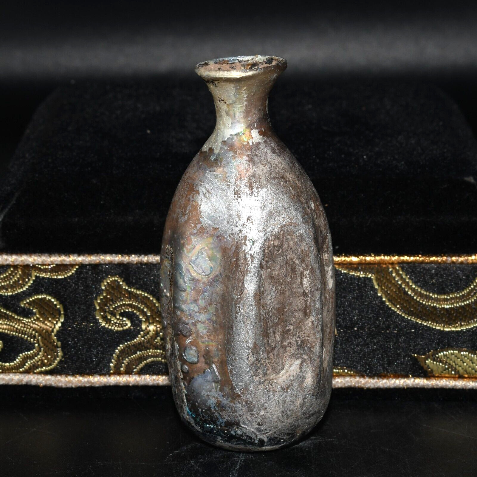 Intact Ancient Roman Glass Bottle vial with Iridescent Patina Circa 1st Century
