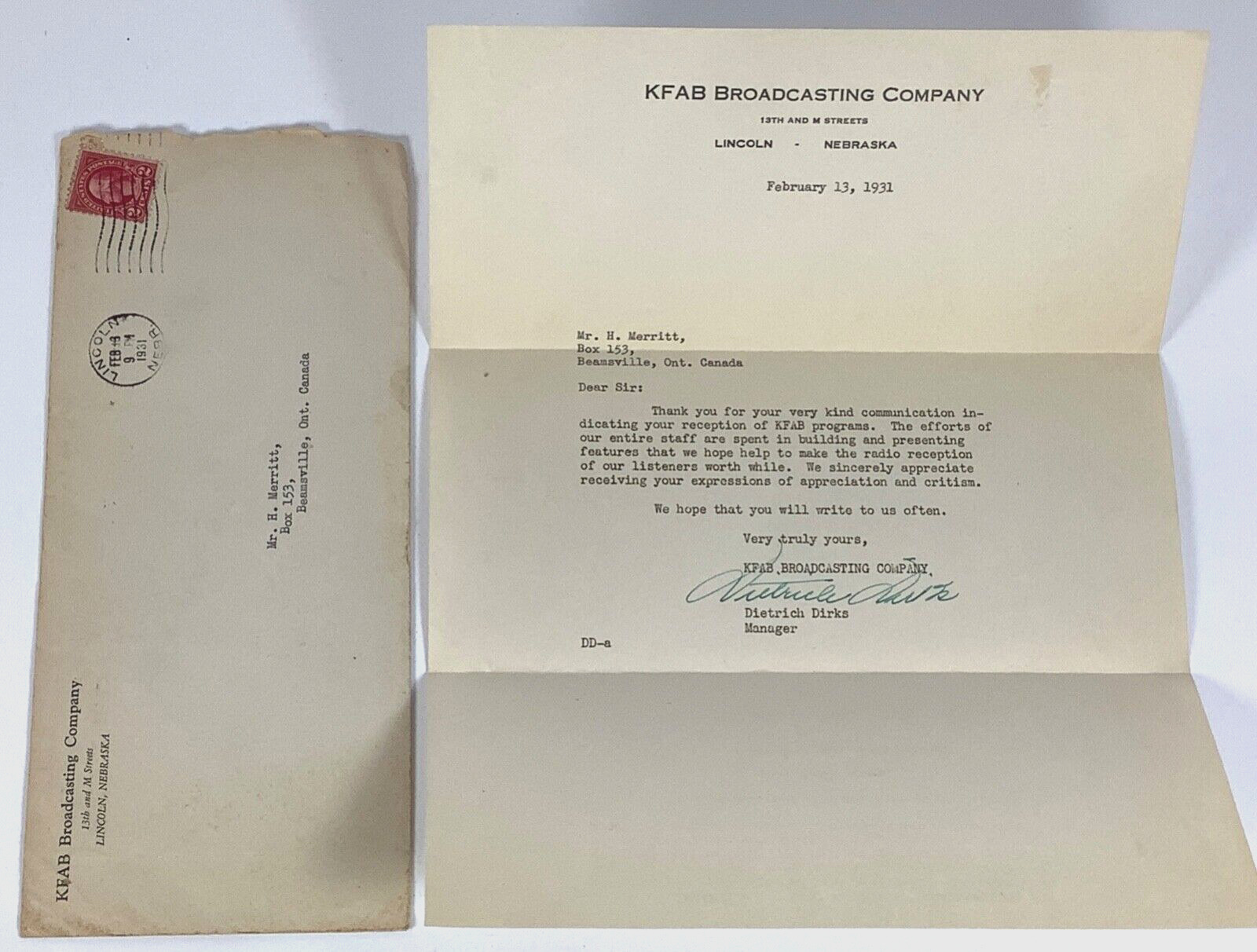 1931 Radio Station KFAB Broadcasting Comp. Lincoln Nebraska Signed Mailed Letter