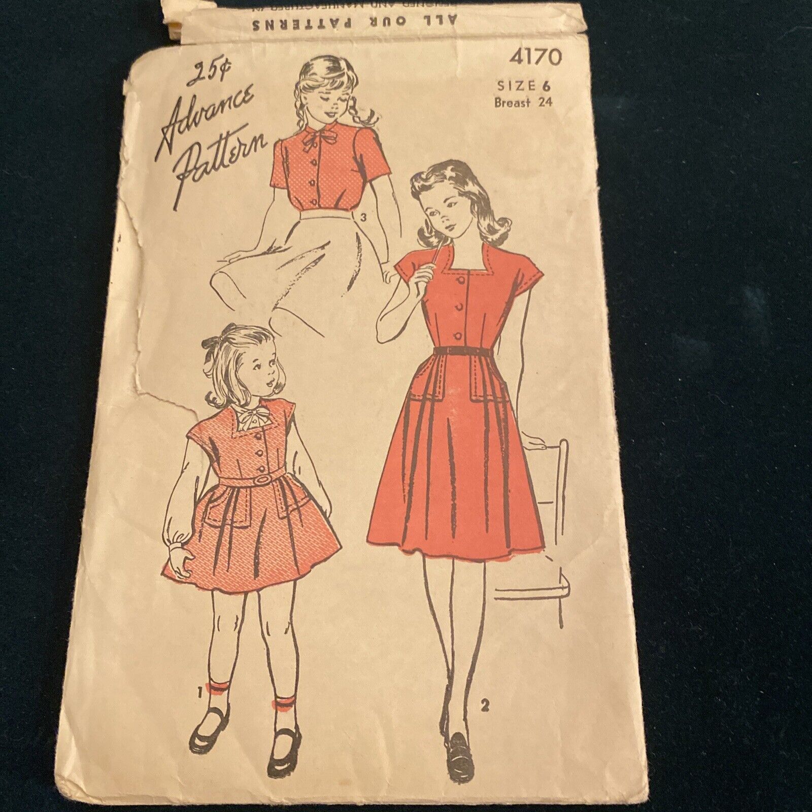Vintage 1950’s Advance Girls’ Dress Pattern Sz 6 Unprinted Tissue complete Cut