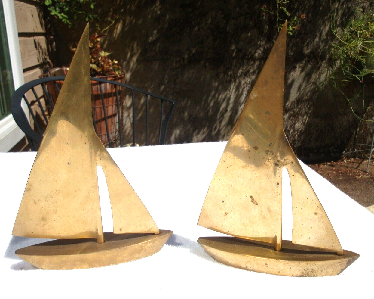 Vtg Set Solid Brass Sail Boats Nautical Sculpture Decor Figurines Match Pair 8\
