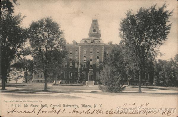 1908 Ithaca,NY McGraw Hall,Cornell University Rotograph Tompkins County Postcard