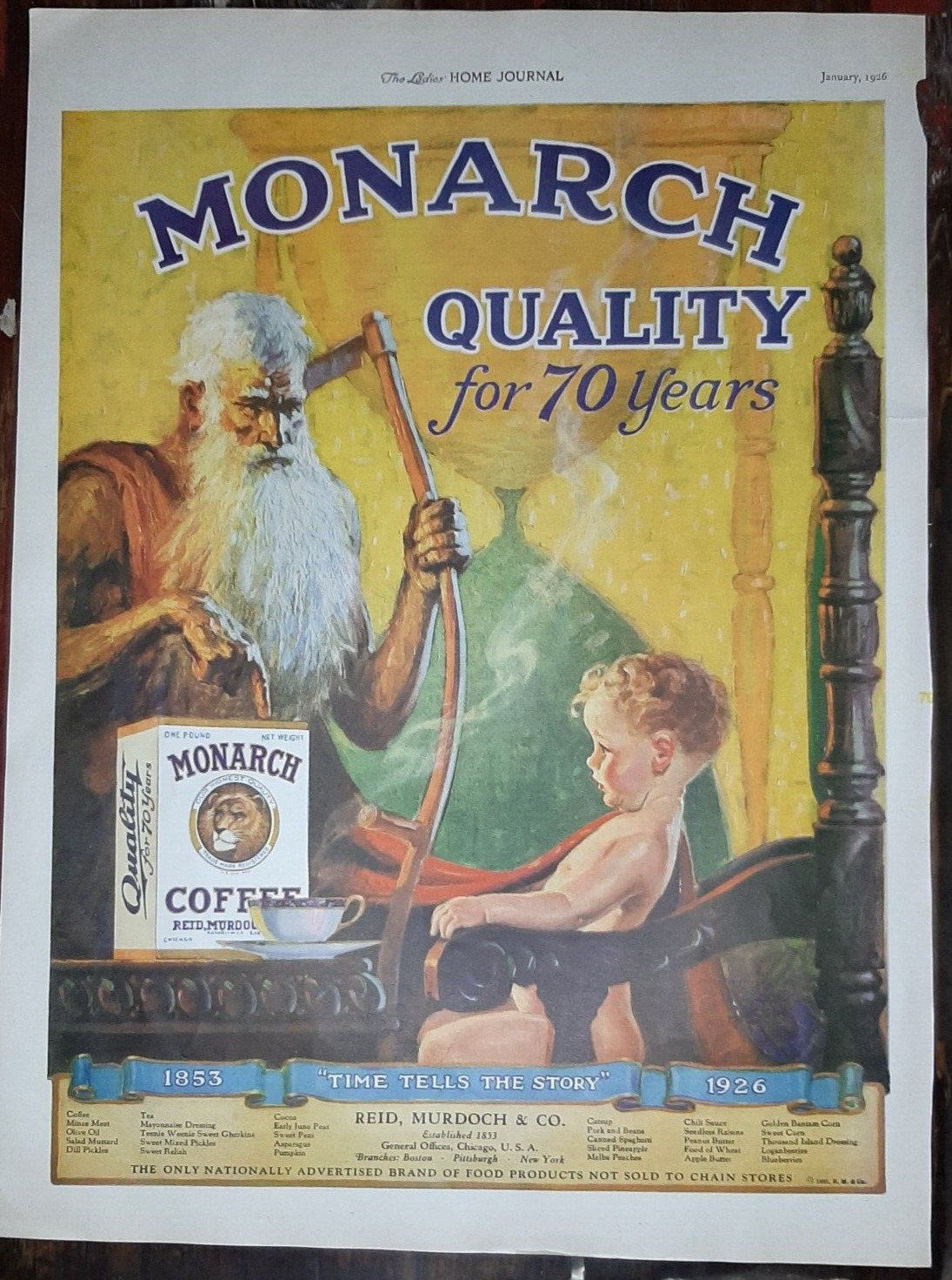 1926 Monarch Vintage Print Ad Coffee Father Time Baby Toddler Quality Cup Saucer
