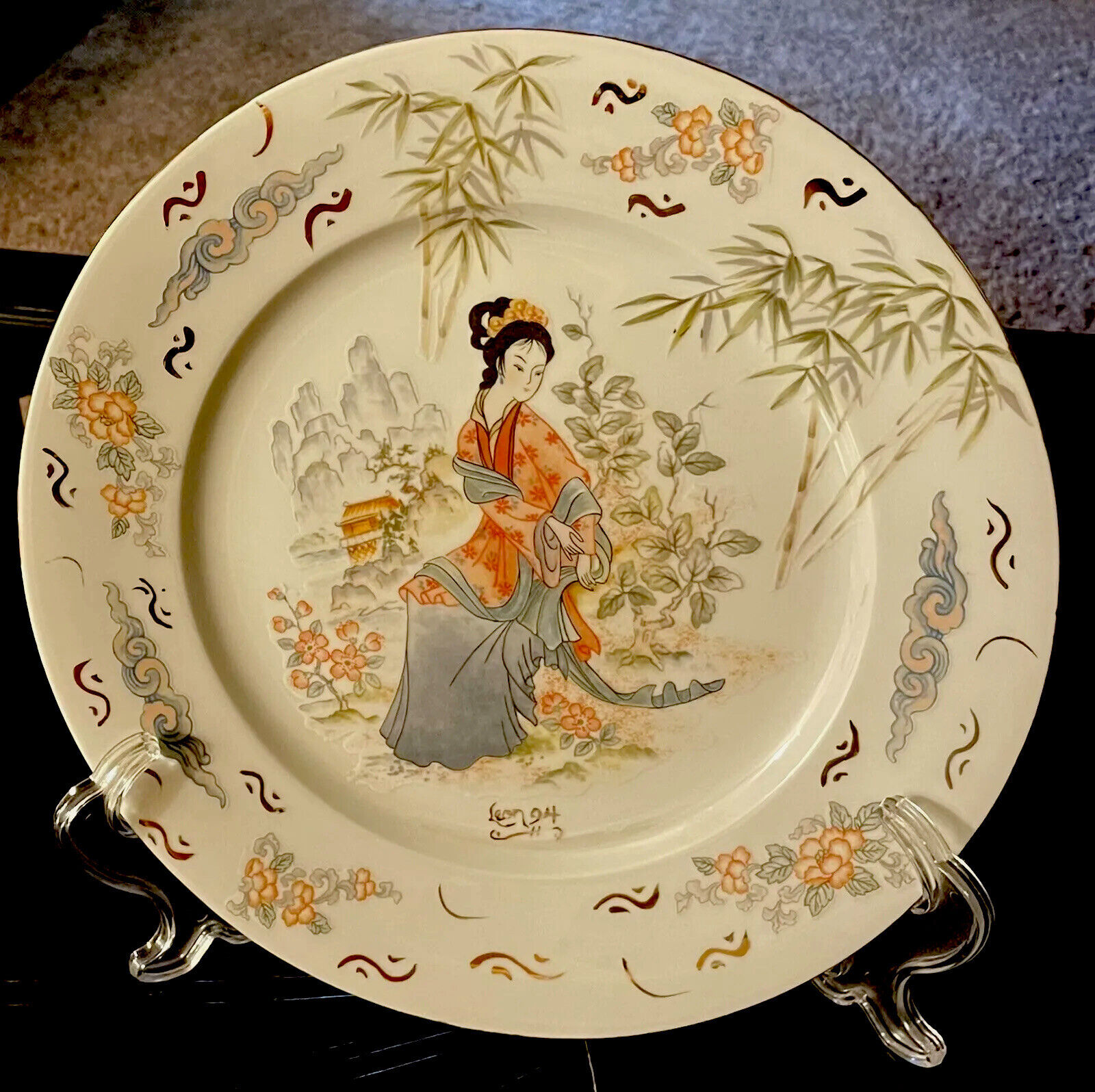 Leon Sazerat Limoges Signed 1894 Plate Japanse Noble Woman In Garden Gold Trim