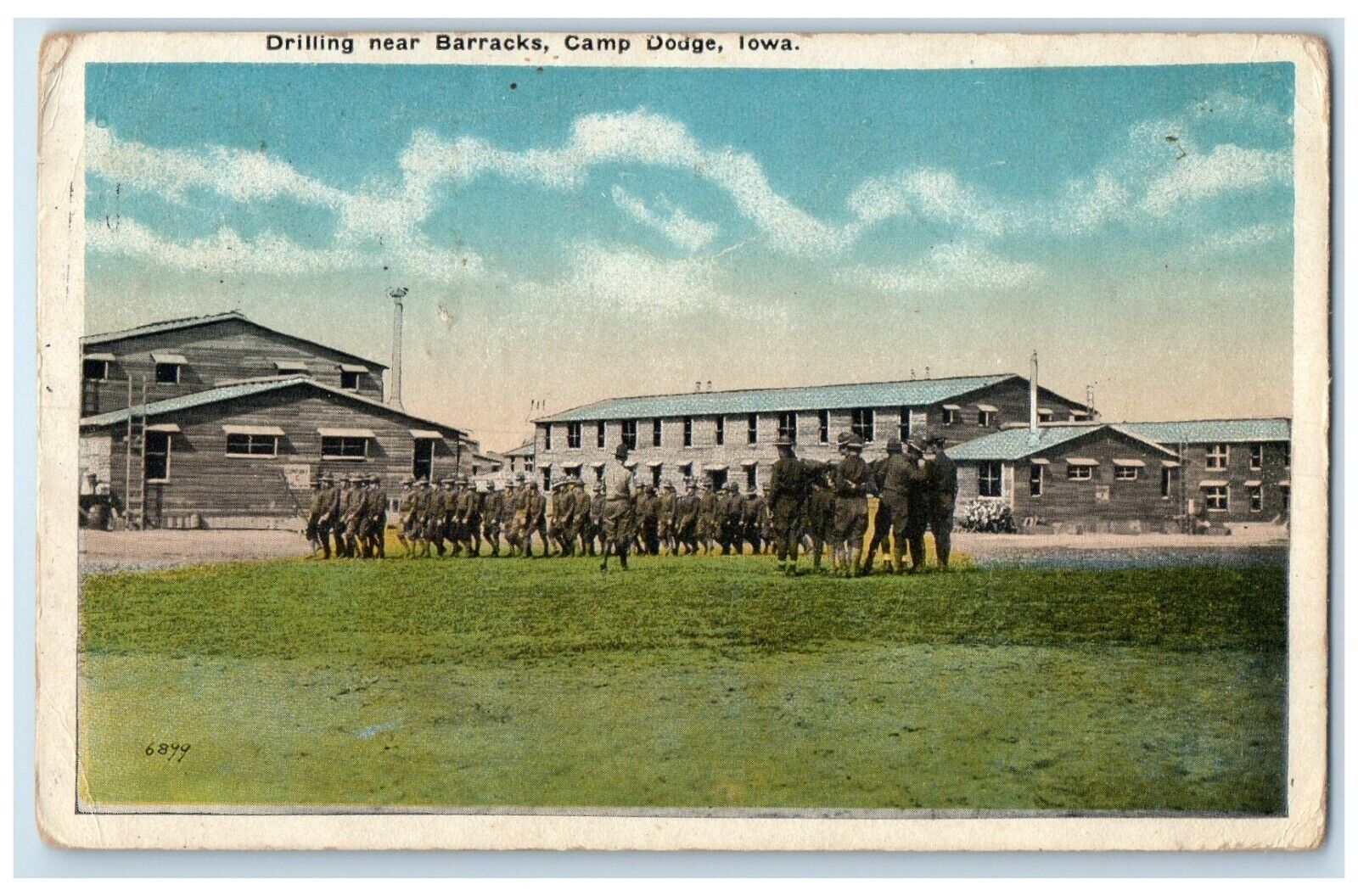 1918 Drilling Near Barracks Camp Dodge Iowa IA, Military Soldiers Postcard