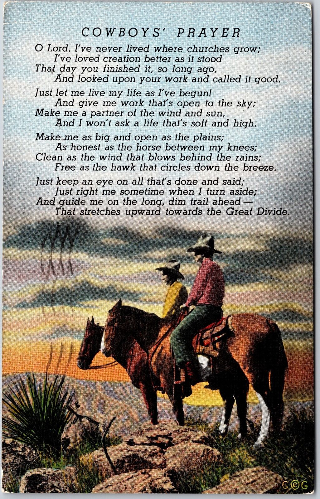 1954 The Cowboy\'s Prayer By Badger Clark Delightful Verse Posted Postcard