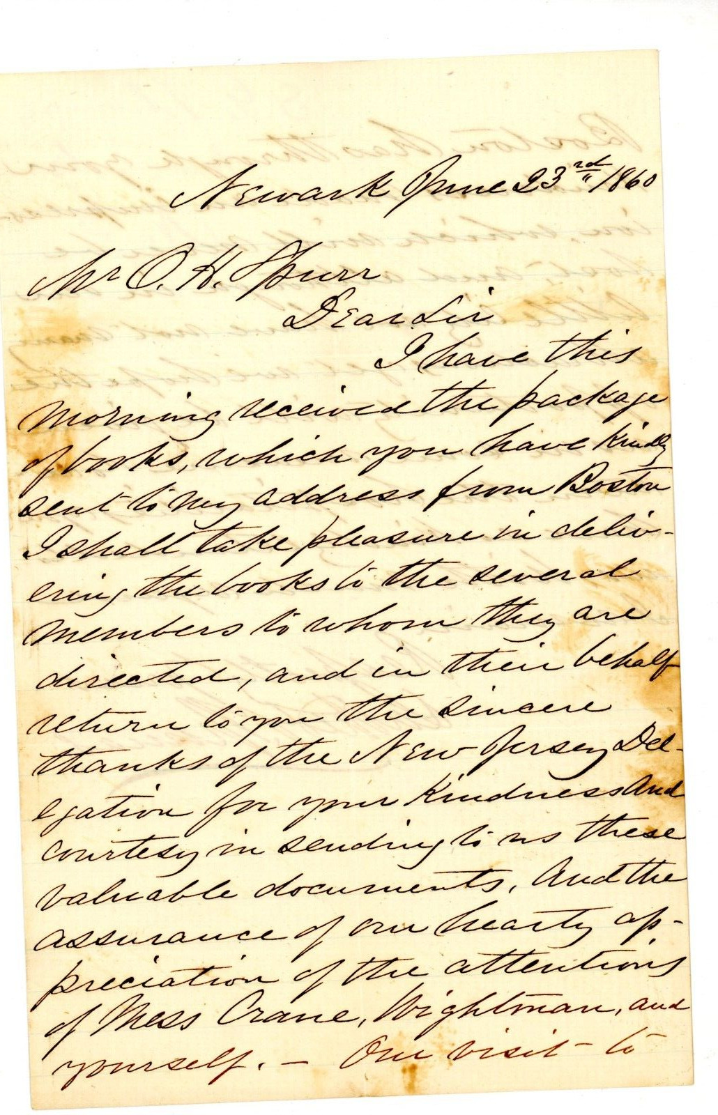 1860 Handwritten letter Newark NJ S G Thomas Pre Civil War