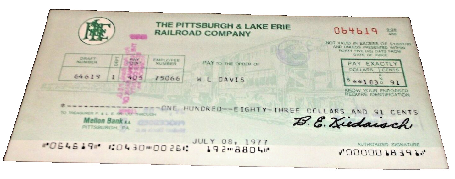 JULY 1977 P&LE PITTSBURGH & LAKE ERIE RAILROAD EMPLOYEE COMPANY CHECK