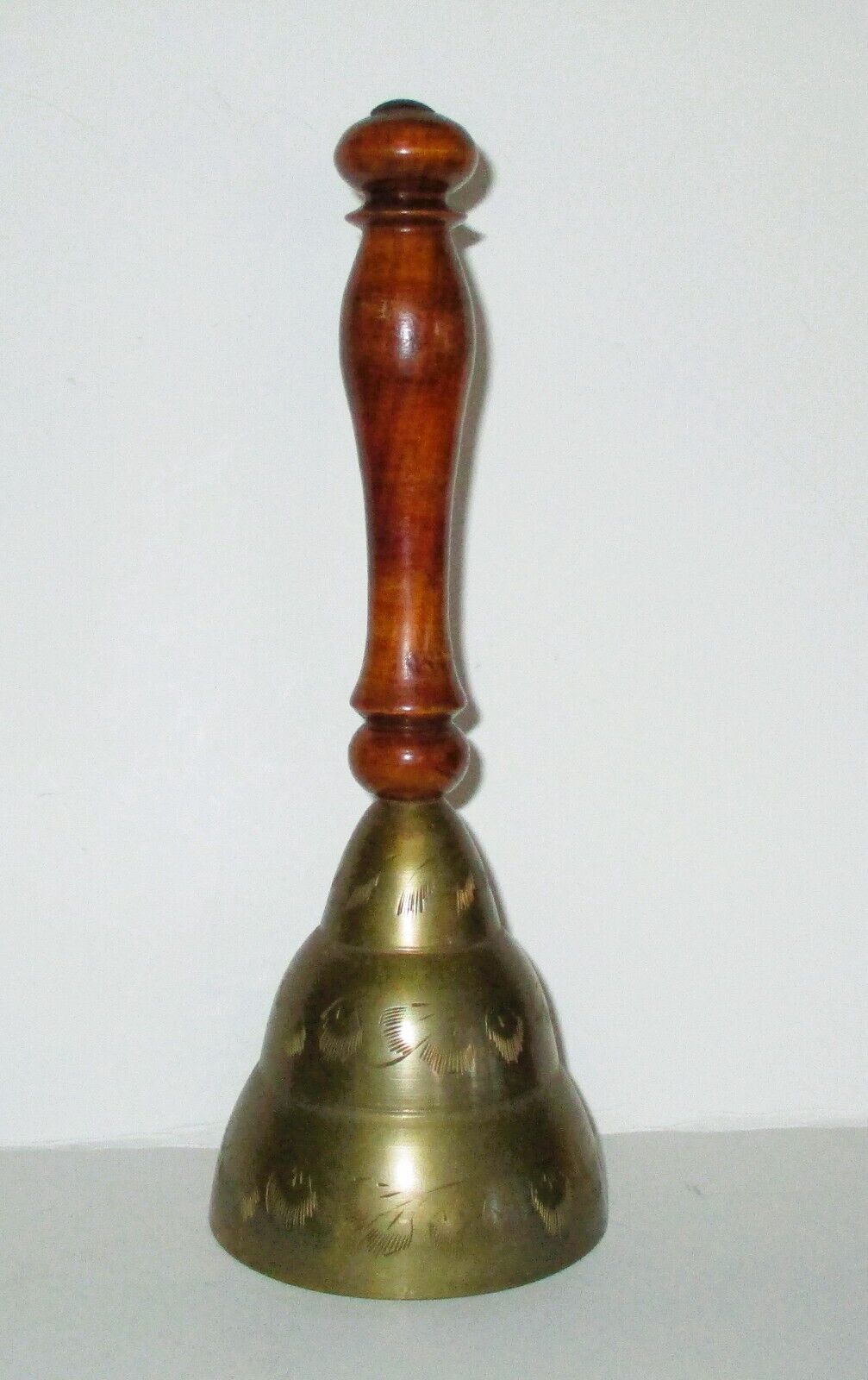Vtg  Large  Hand Held Etched Brass Teachers School Bell Wood Handle 9” Tall