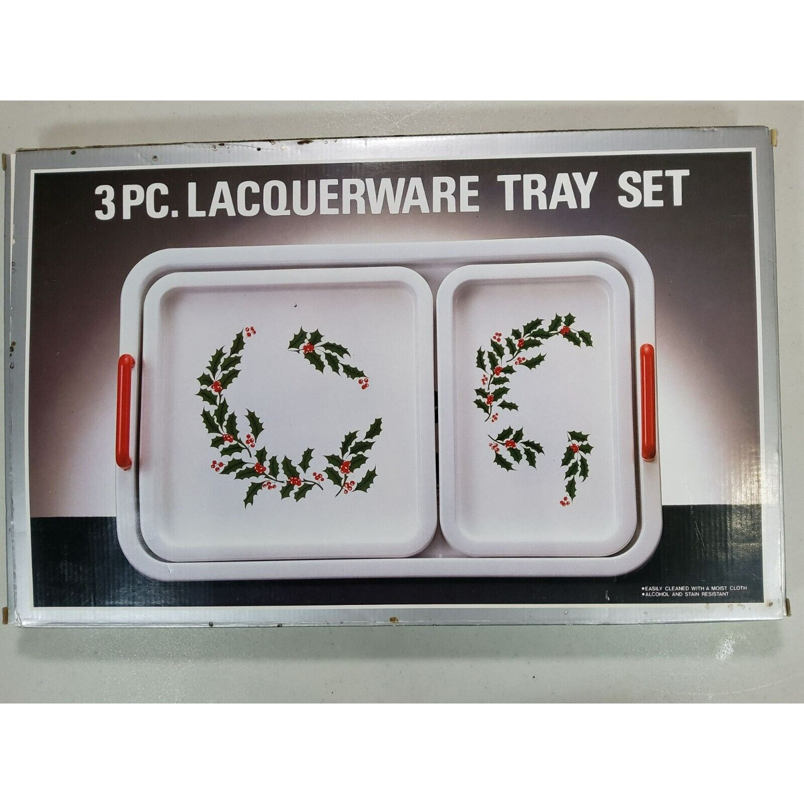 Vtg MCM Lacquerware Tray Set Holiday Christmas KMart Nesting White/Red/Green NIP