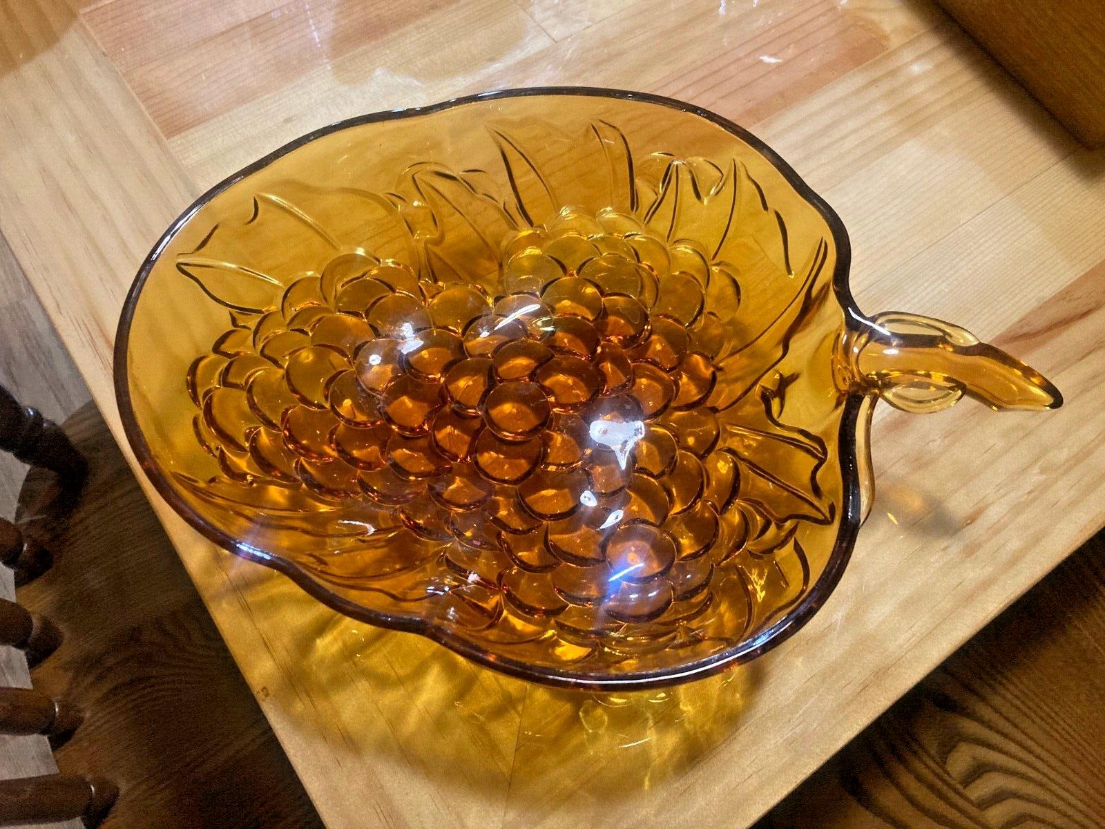 Vintage Large Amber Indiana Glass Grape & Leaves Bowl