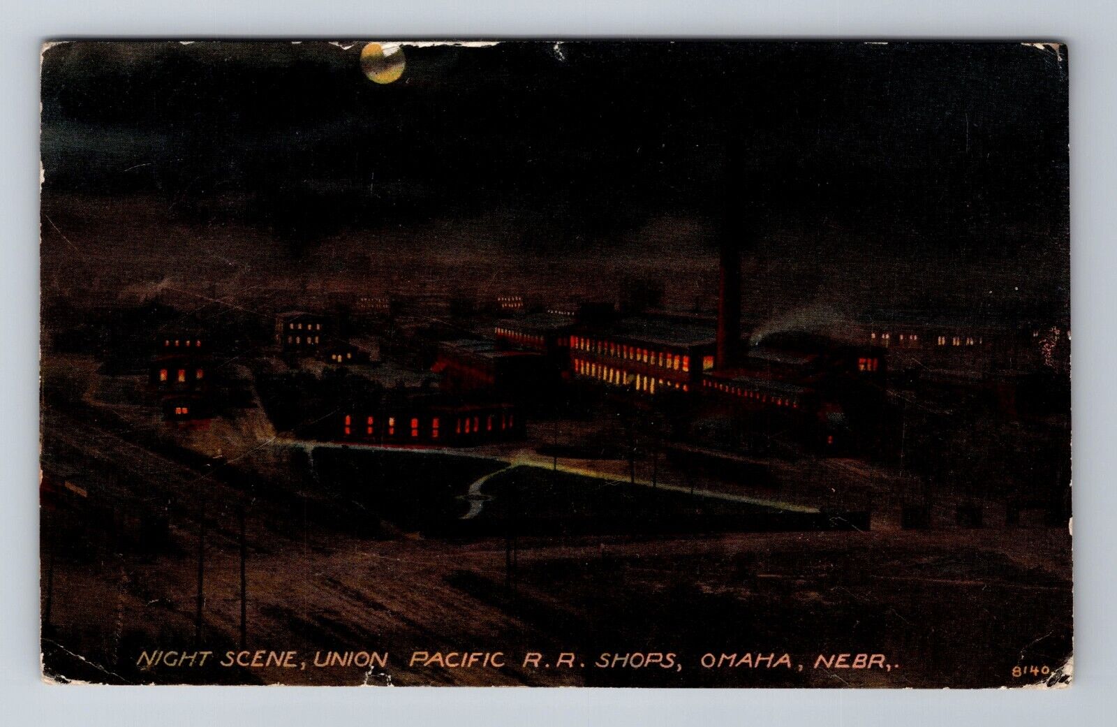 Omaha NE-Nebraska, Union Pacific Railroad Shops Night, c1910 Vintage Postcard