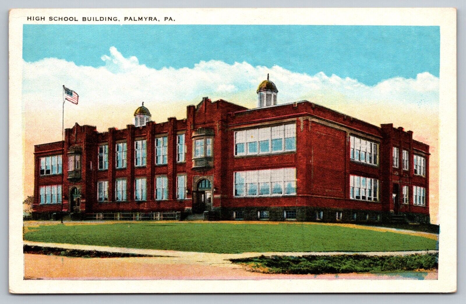 Postcard PA Palmyra High School Building Exterior View Brick U.S. Flag c1930\'s