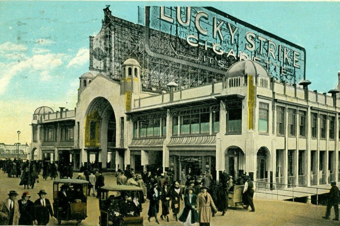 1928 Central Pier Atlantic City NJ Lucky Strike Cigarette Billboard Postcard T1 