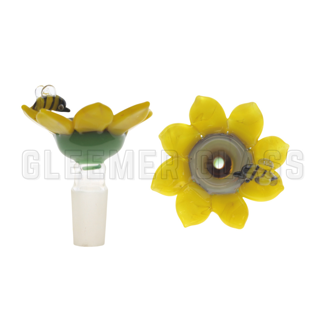 14mm Bowl Slide Yellow Sunflower Glass Bowl  w/ Bee Yellow Petals