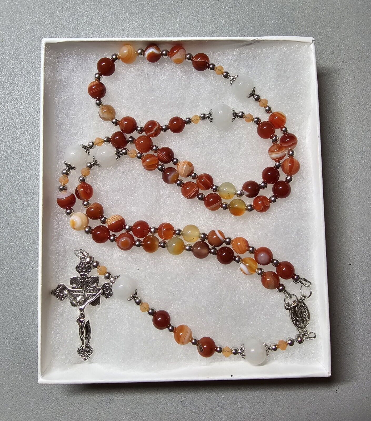Large One Of A Kind Hand Crafted Rosary Made With Orange Striped Agate and White