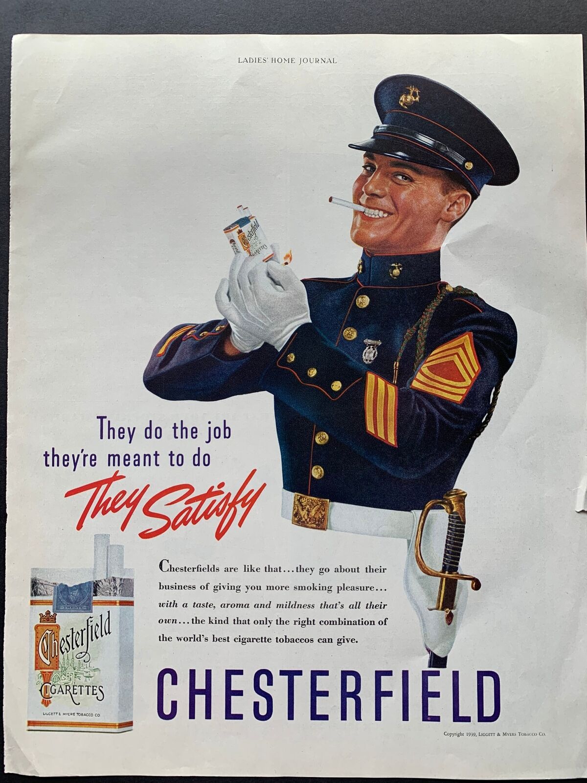 Vintage 1939 Chesterfield Cigarettes Ad
