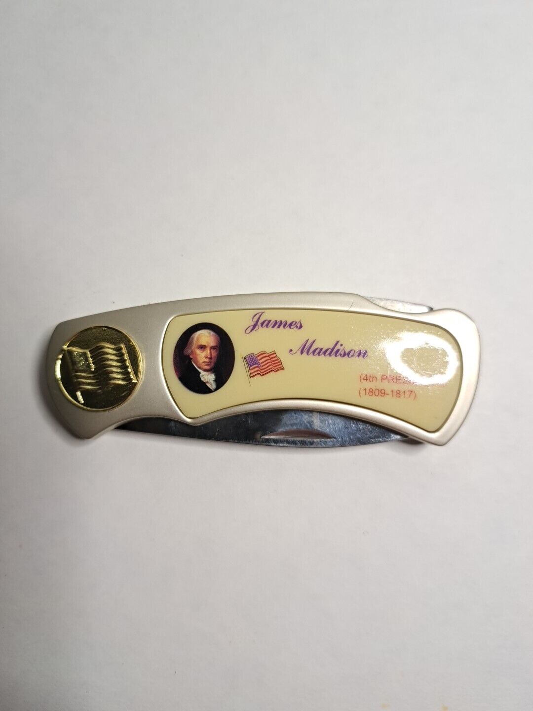 James Madison 4th President-Fighter Plus Folding Lockback Pocket Knife Flag