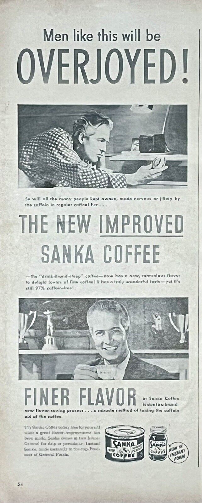 1948 Vtg Print Ad Sanka Caffeine Free Coffee Drink Kitchen Man Retro MCM Food