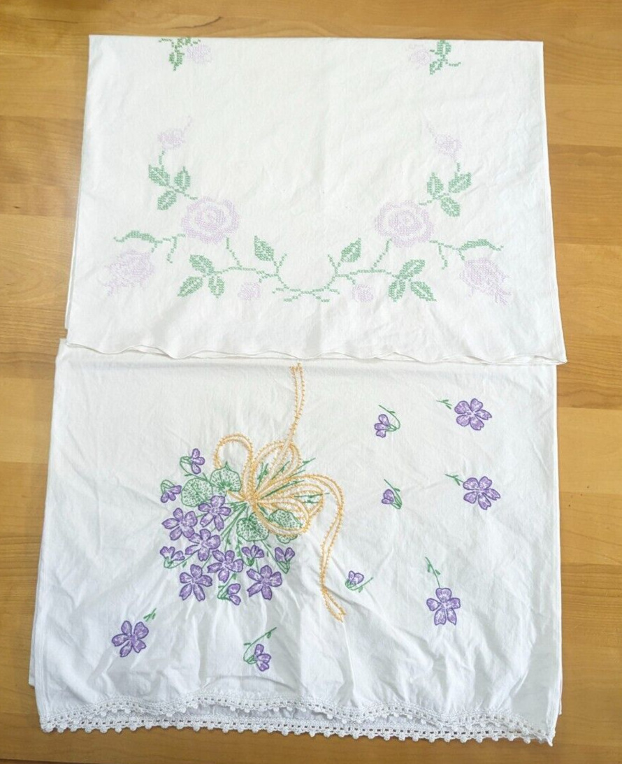 Lot of 2 Vintage Floral Cross Stitched White Standard Pillow Cases Purple