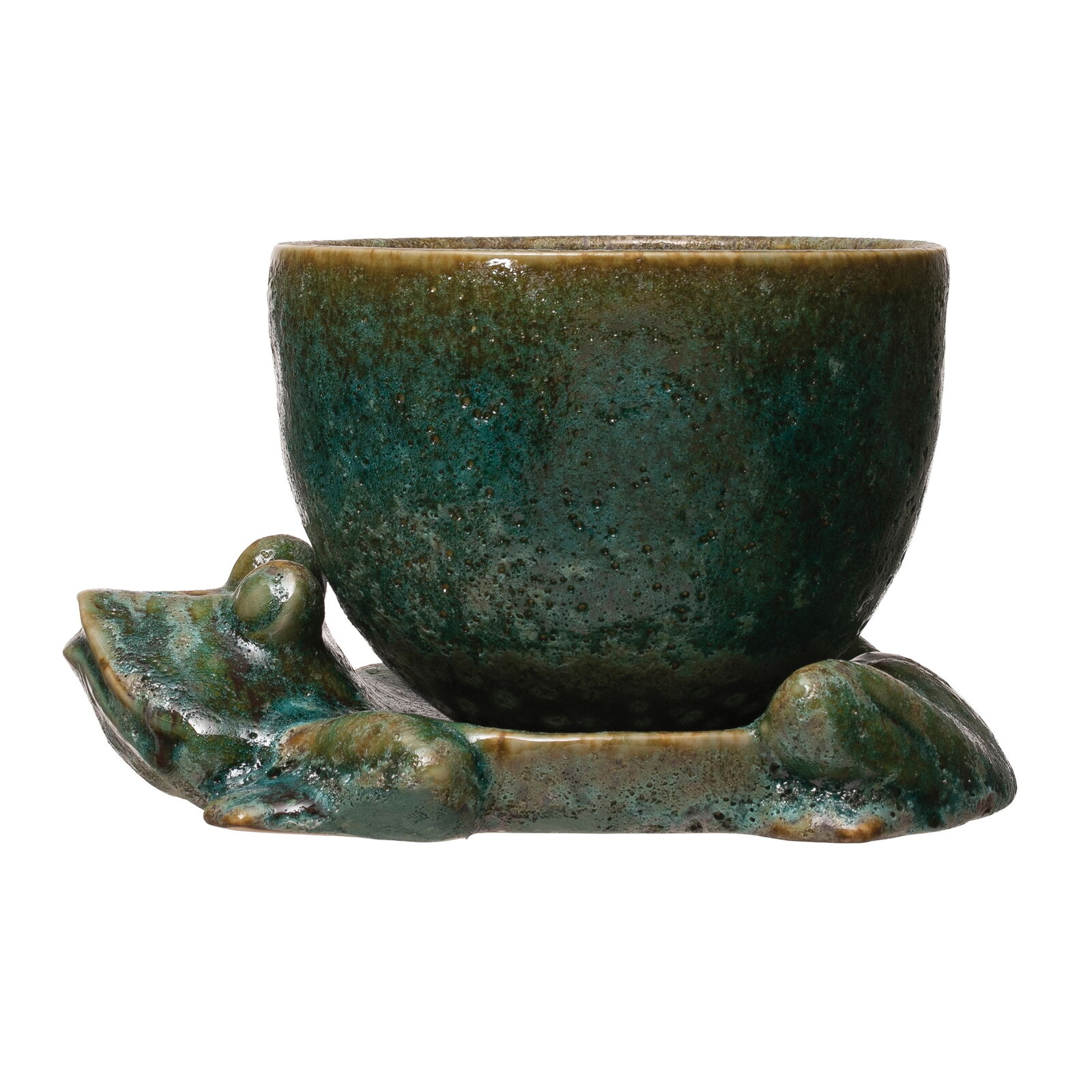 Stoneware Planter with Frog Base Reactive Glaze  Set of 2 (Each One Will Vary)