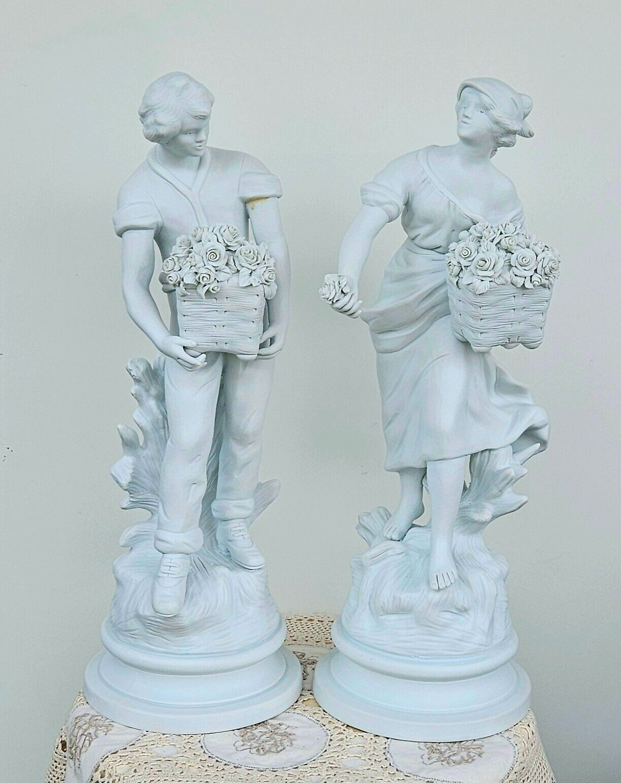 Edme Samson Large antique French pair of bisque porcelain figurines France 19th