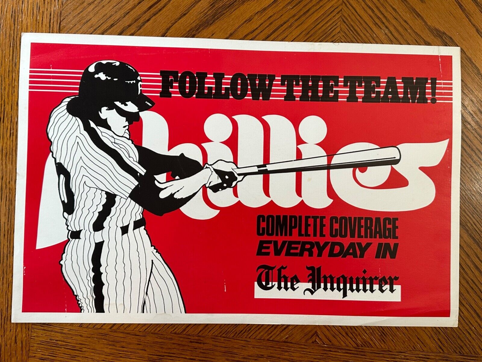 Philadelphia Inquirer Phillies Baseball Advertisement 17x11 Swinging Bat VTG 