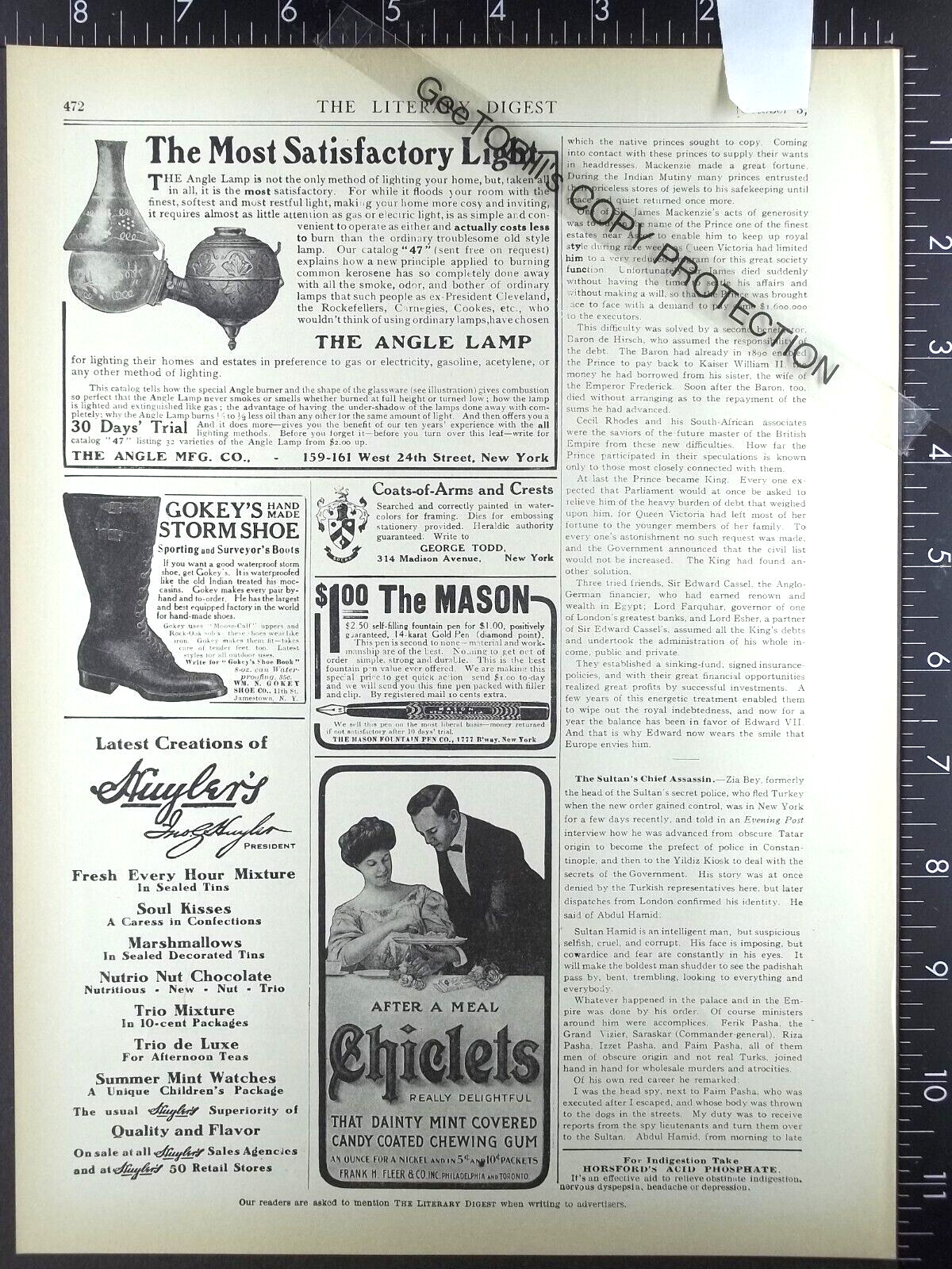 1908 ADVERTISING for kerosene Angle Lamp Mfg Co & Chiclets chewing gum