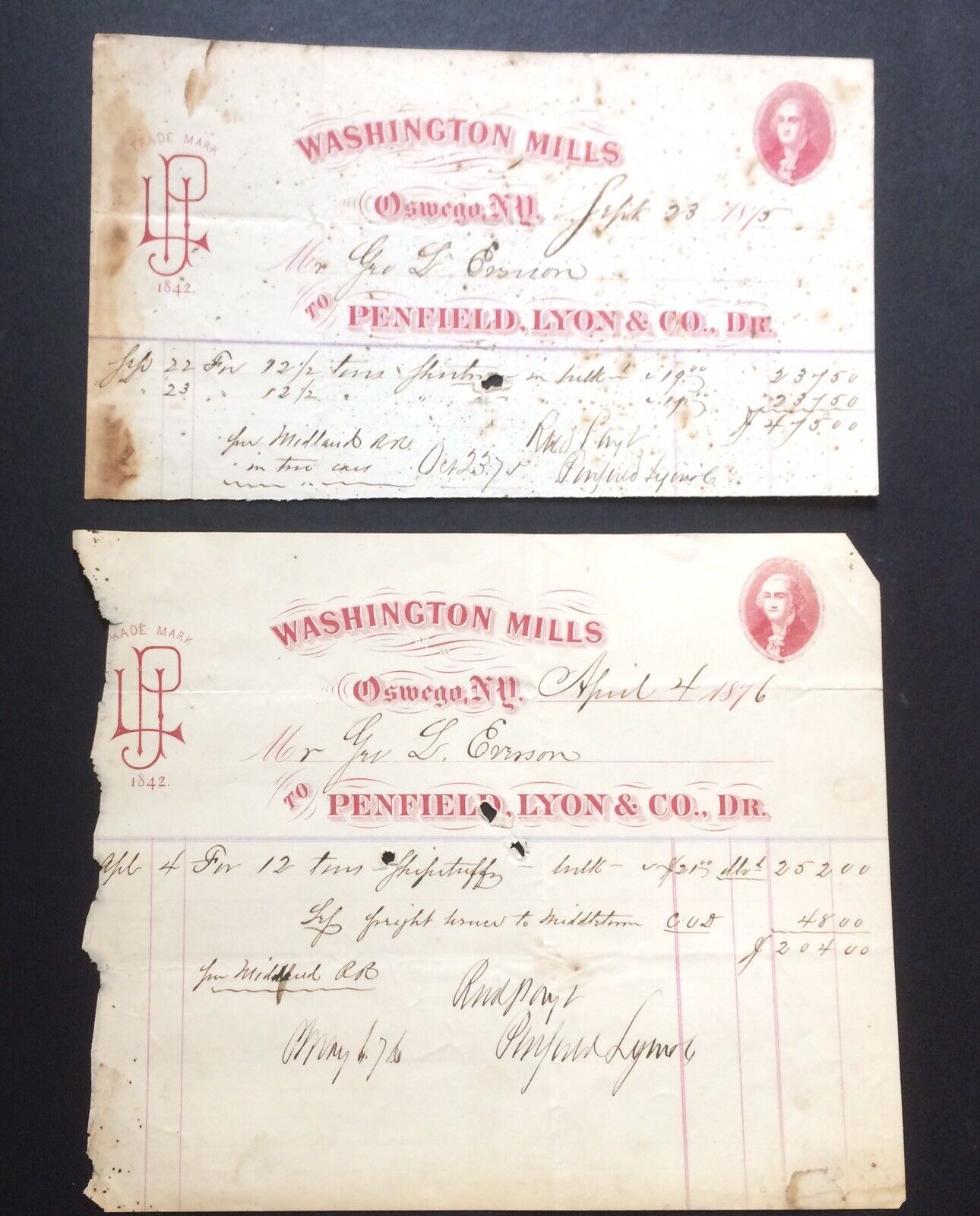 Lot Of Two Antique Stationary Washington Mills Oswego, NY Letters, 1875 and 76