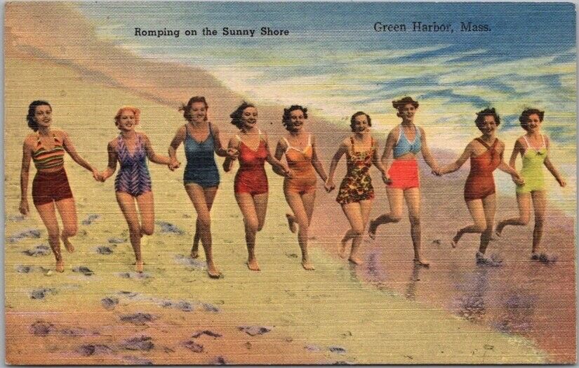 Green Harbor, Mass. Linen Postcard Girls on Beach 