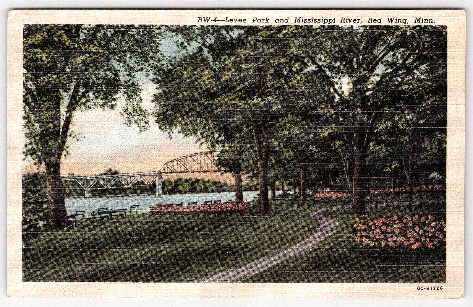 Postcard MN Levee Park Mississippi River Bridge Road View Red Wing Minnesota