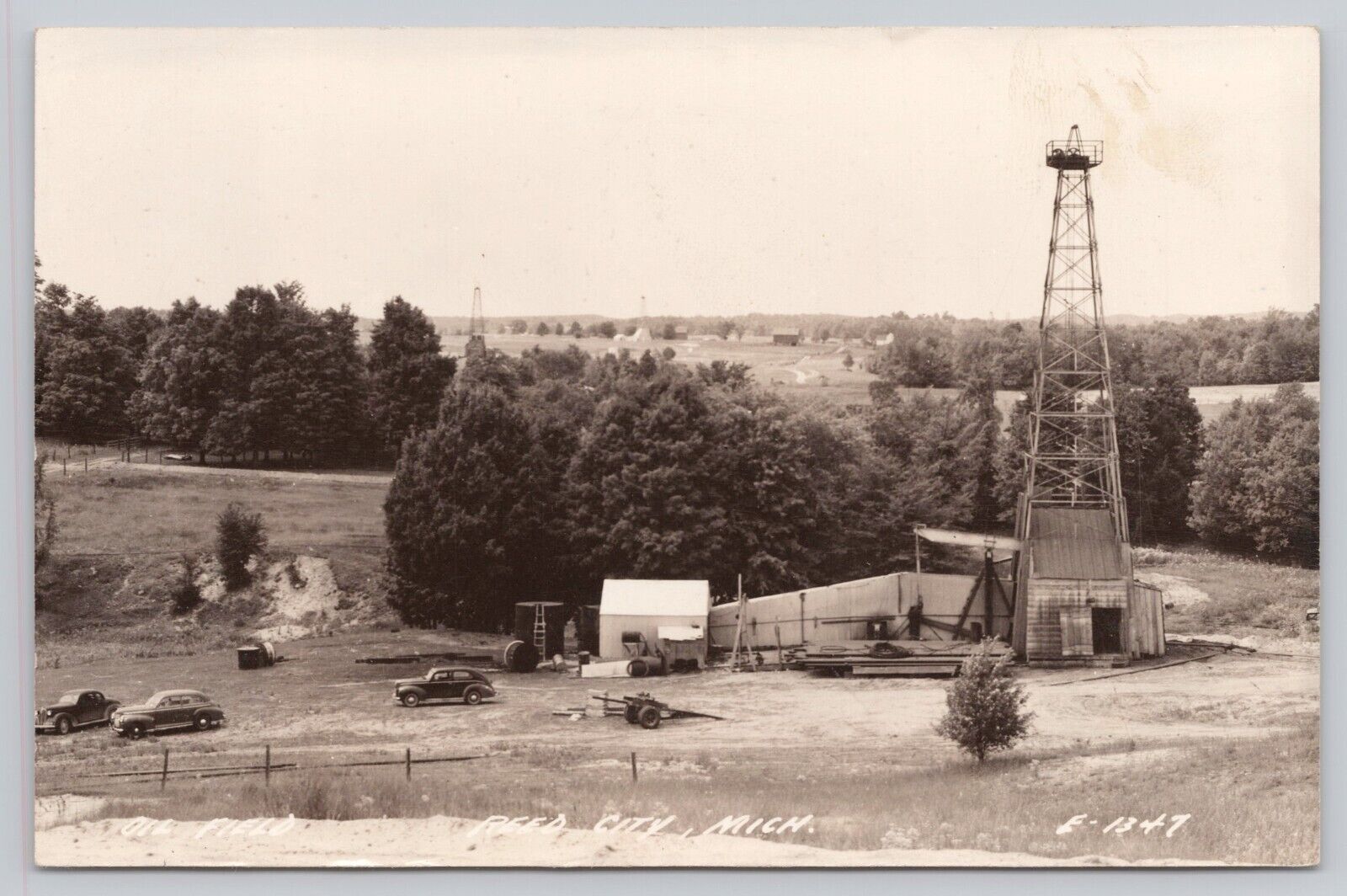 Reed City Michigan, Oil Field & Well, Old Cars, Vintage RPPC Real Photo Postcard