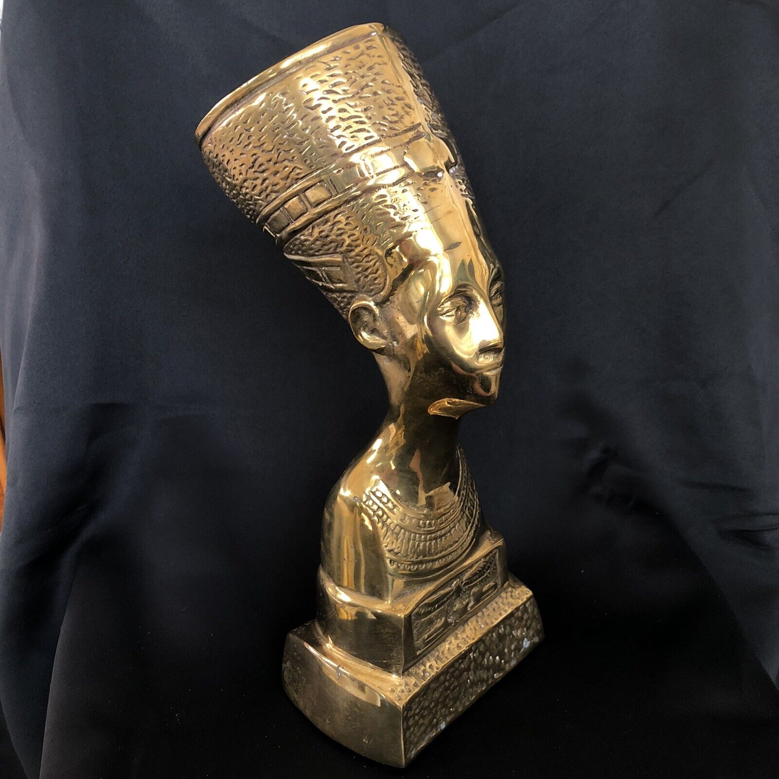 Large 14” Brass Vintage Egyptian Bust Pharaoh Head Sculpture W/ Box Cap Crown